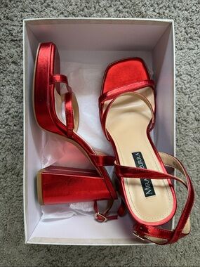 Red Satin Block Heel Sandals